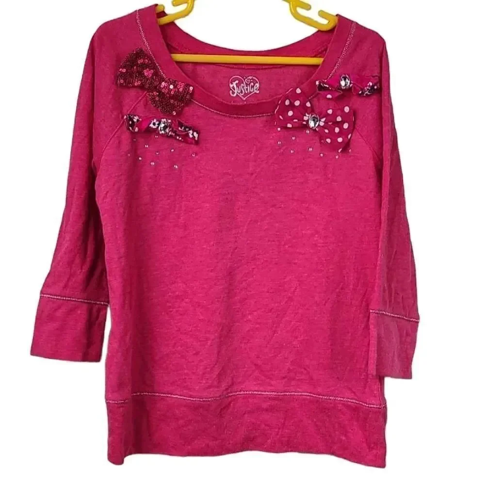 Justice Girls 10 Hot Pink Rhinestone Sequin Polka Dot Bow Short Sleeve Knit Top